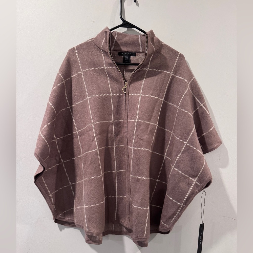 Tahari Women's Full Zip Mock Neck Poncho Sweater Brown NWT